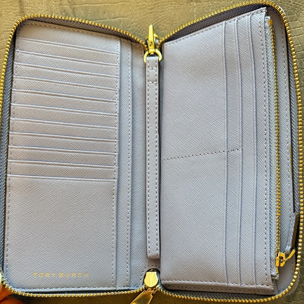 Tory Burch Light Lavender Zip-Around Wallet with Gold Logo